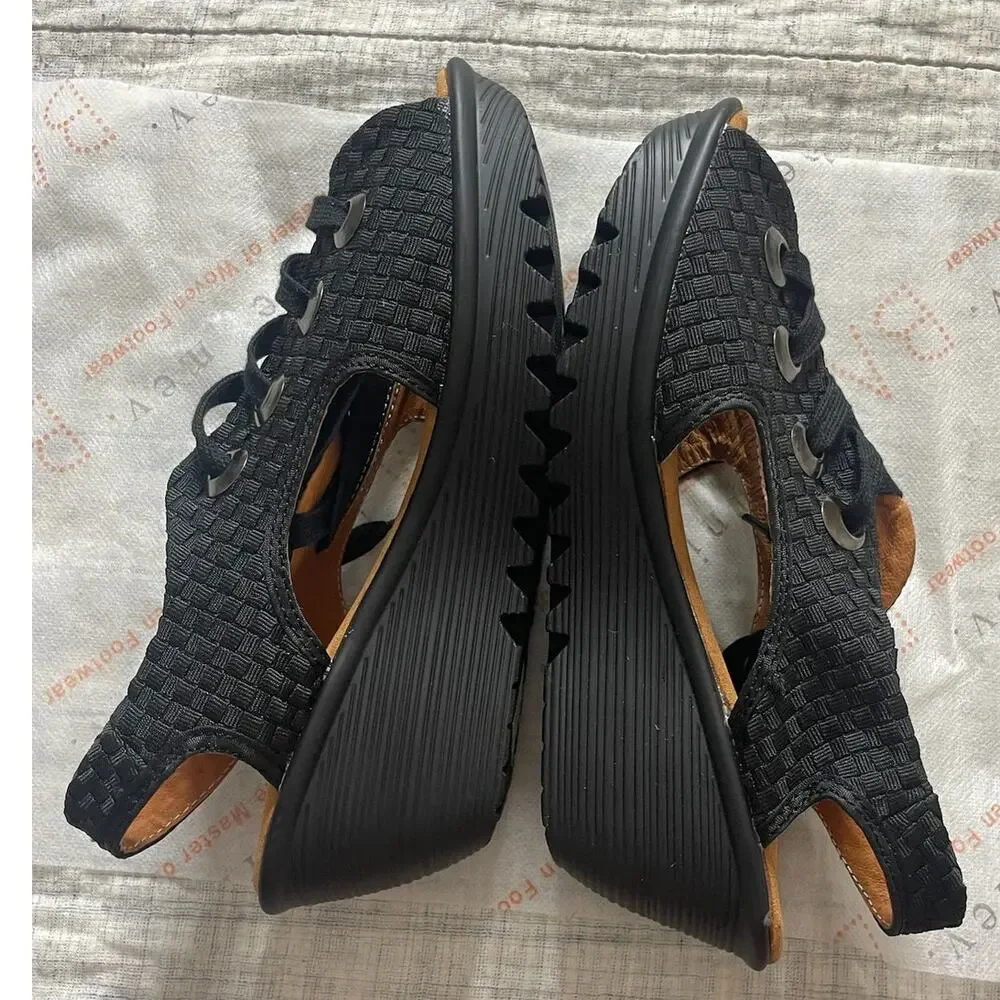 Bernie Mev Marcelo Lace Up Sandal Women 8/39 Black Boho Woven 2.75" Wedge NWOB - Picture 8 of 9